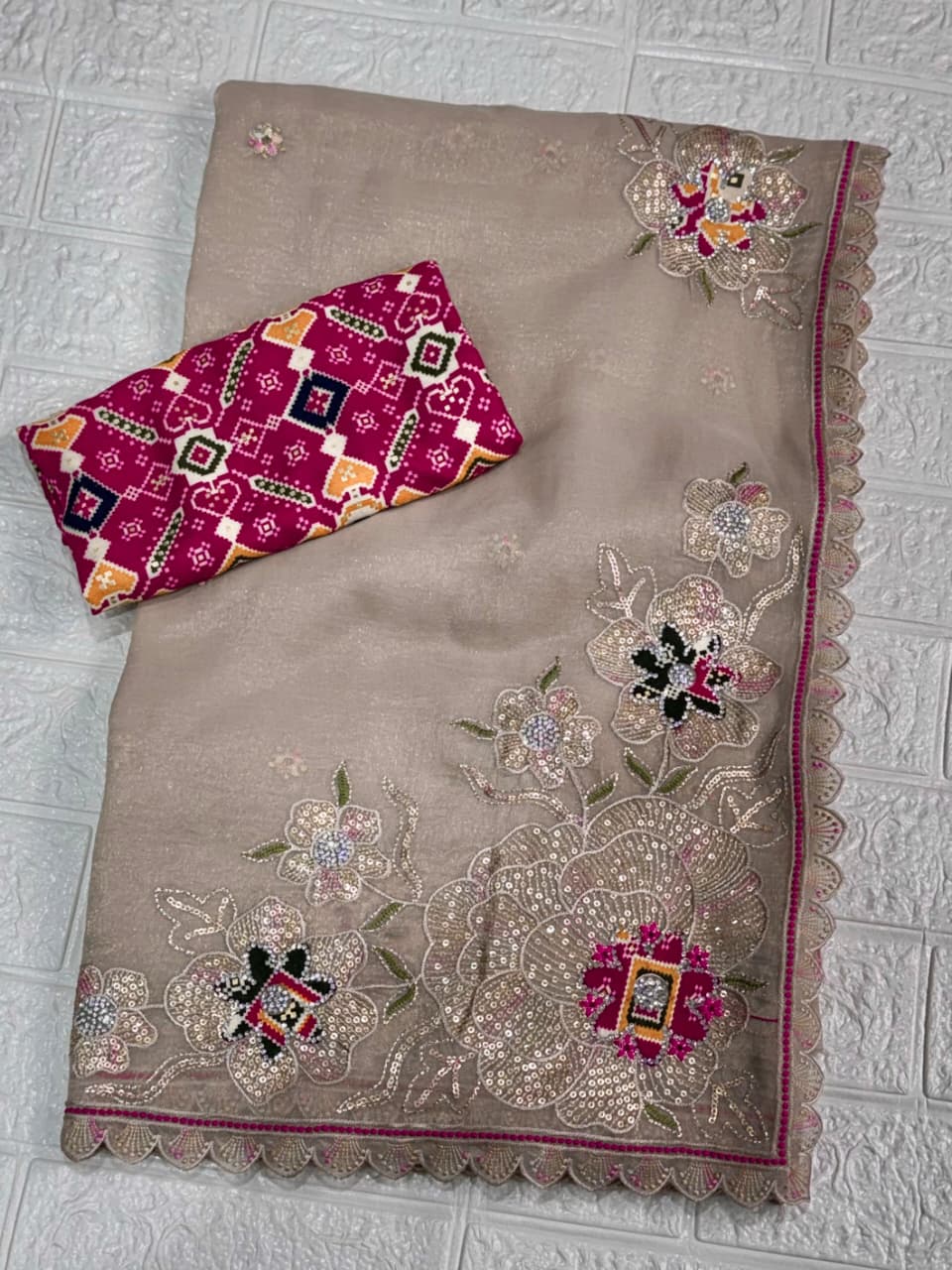 Nc Pure Simmer Silk Dusty Beige Saree Zari & Sequin Embroidered Cutwork Border with Patola Print in Blouse