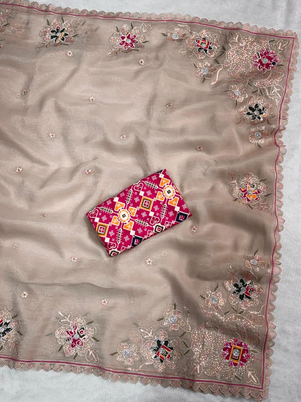 Nc Pure Simmer Silk Dusty Beige Saree Zari & Sequin Embroidered Cutwork Border with Patola Print in Blouse