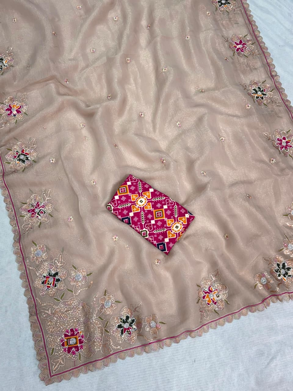 Nc Pure Simmer Silk Dusty Beige Saree Zari & Sequin Embroidered Cutwork Border with Patola Print in Blouse