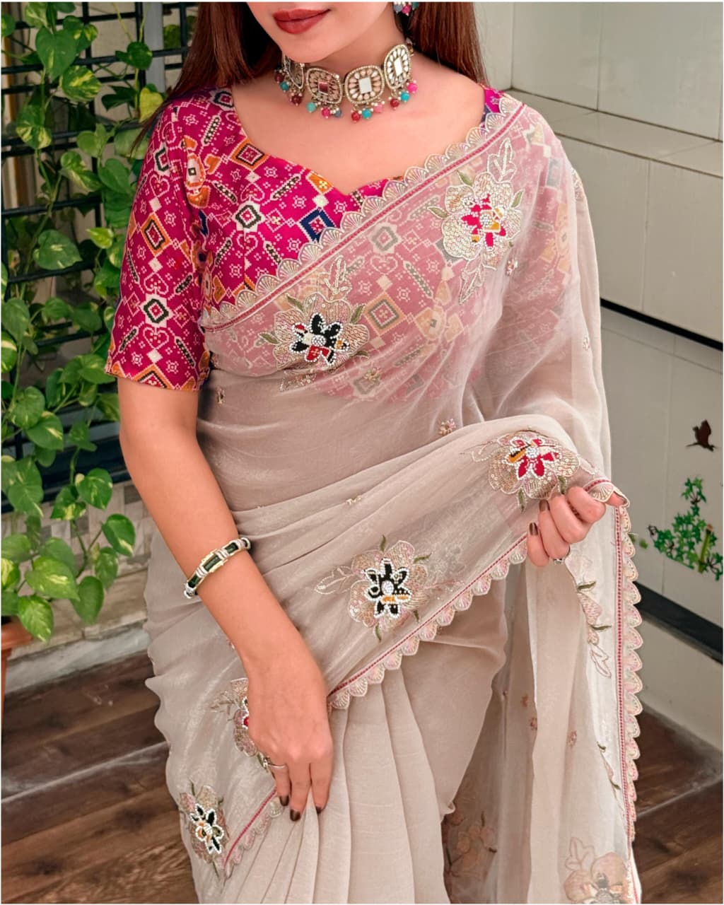 Nc Pure Simmer Silk Dusty Beige Saree Zari & Sequin Embroidered Cutwork Border with Patola Print in Blouse