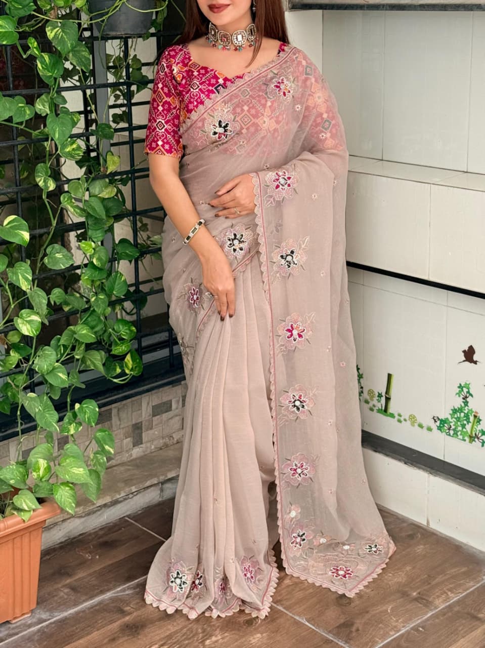 Nc Pure Simmer Silk Dusty Beige Saree Zari & Sequin Embroidered Cutwork Border with Patola Print in Blouse