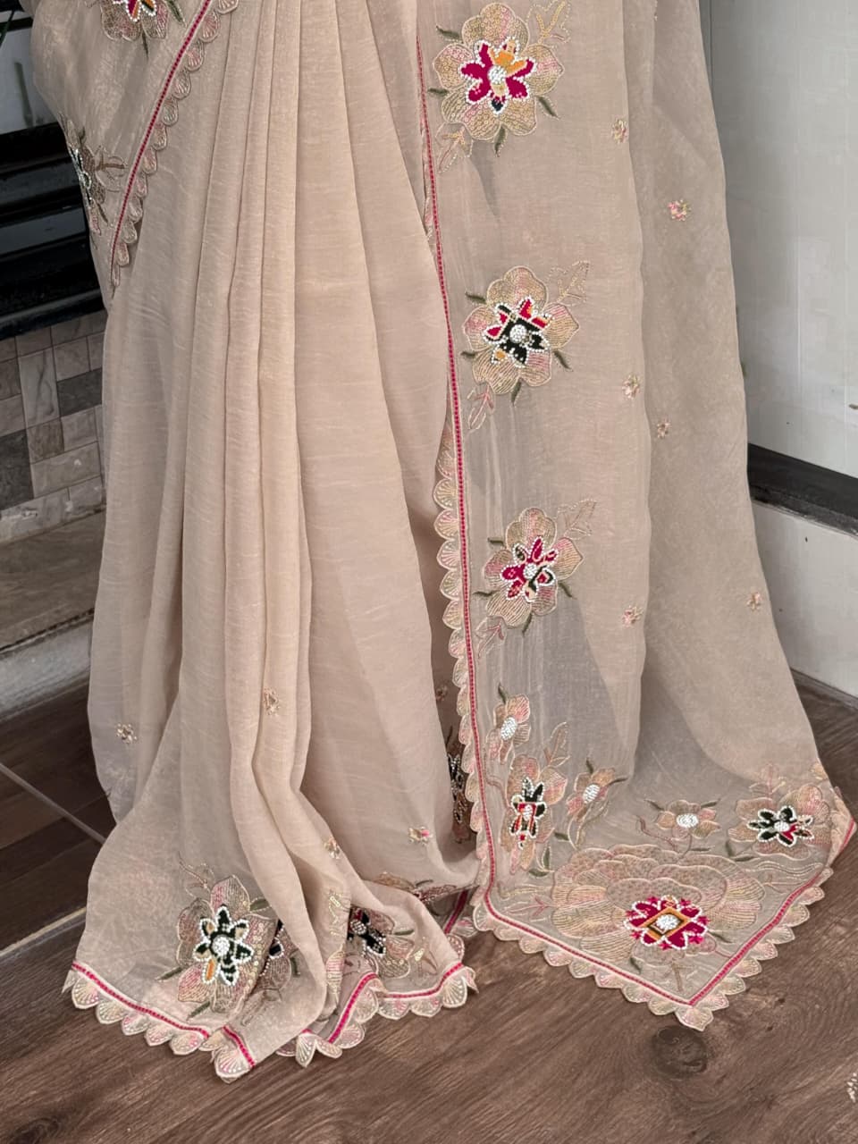 Nc Pure Simmer Silk Dusty Beige Saree Zari & Sequin Embroidered Cutwork Border with Patola Print in Blouse