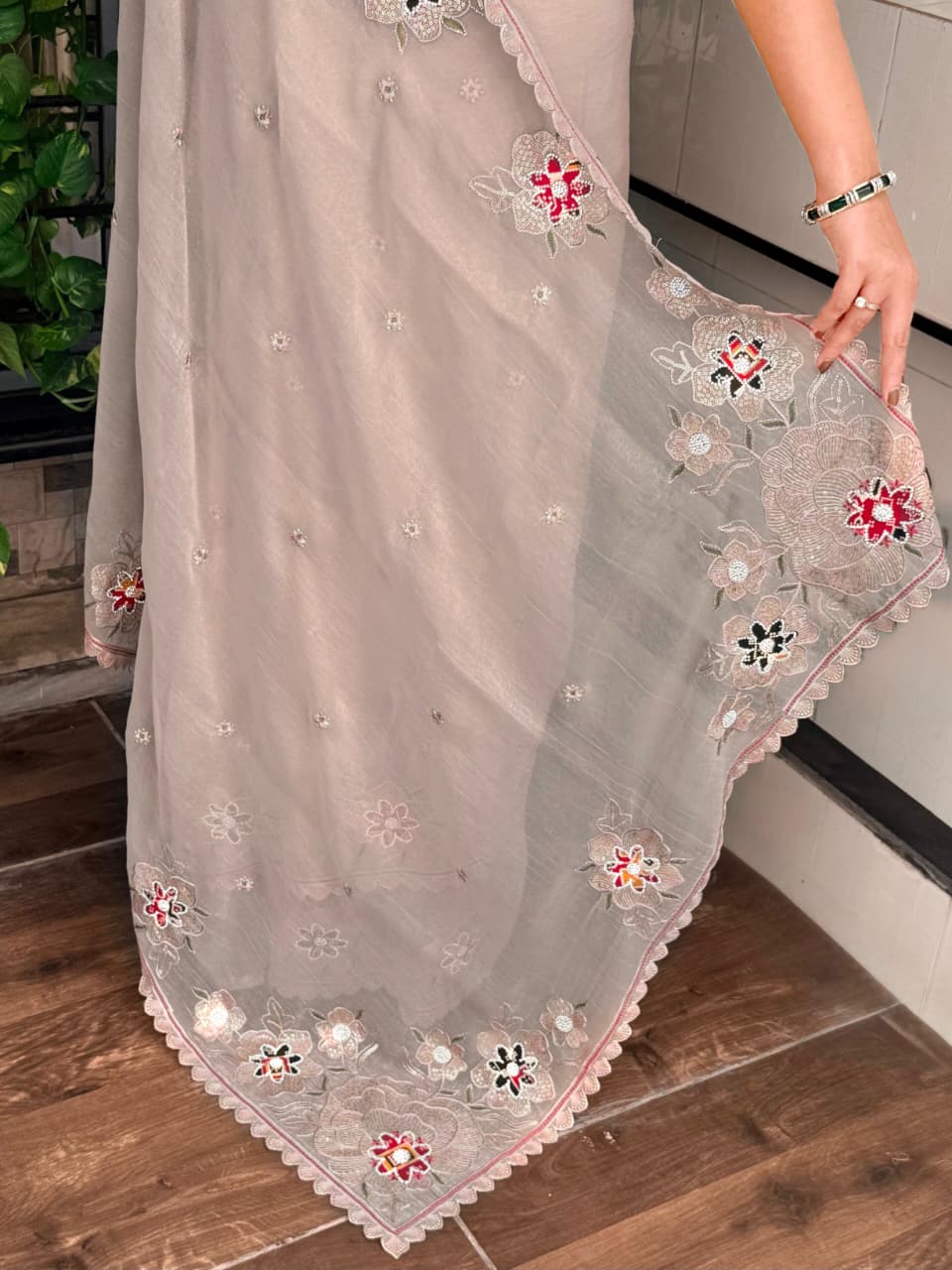 Nc Pure Simmer Silk Dusty Beige Saree Zari & Sequin Embroidered Cutwork Border with Patola Print in Blouse