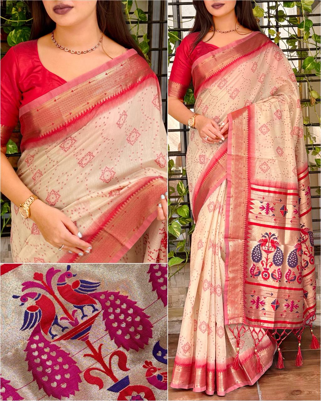 Aarushi Cotton Contrast Thread Weaving Bandhej Jacquard Rich Pallu in Saree With Zari Weaving & Minakari Thread Pattern