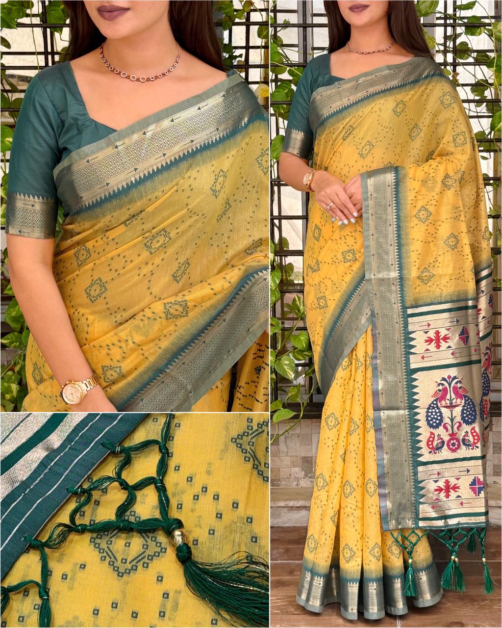 Aarushi Cotton Contrast Thread Weaving Bandhej Jacquard Rich Pallu in Saree With Zari Weaving & Minakari Thread Pattern