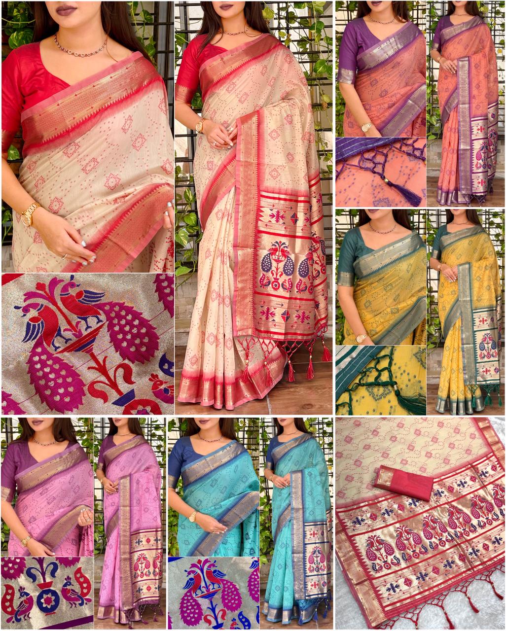 Aarushi Cotton Contrast Thread Weaving Bandhej Jacquard Rich Pallu in Saree With Zari Weaving & Minakari Thread Pattern