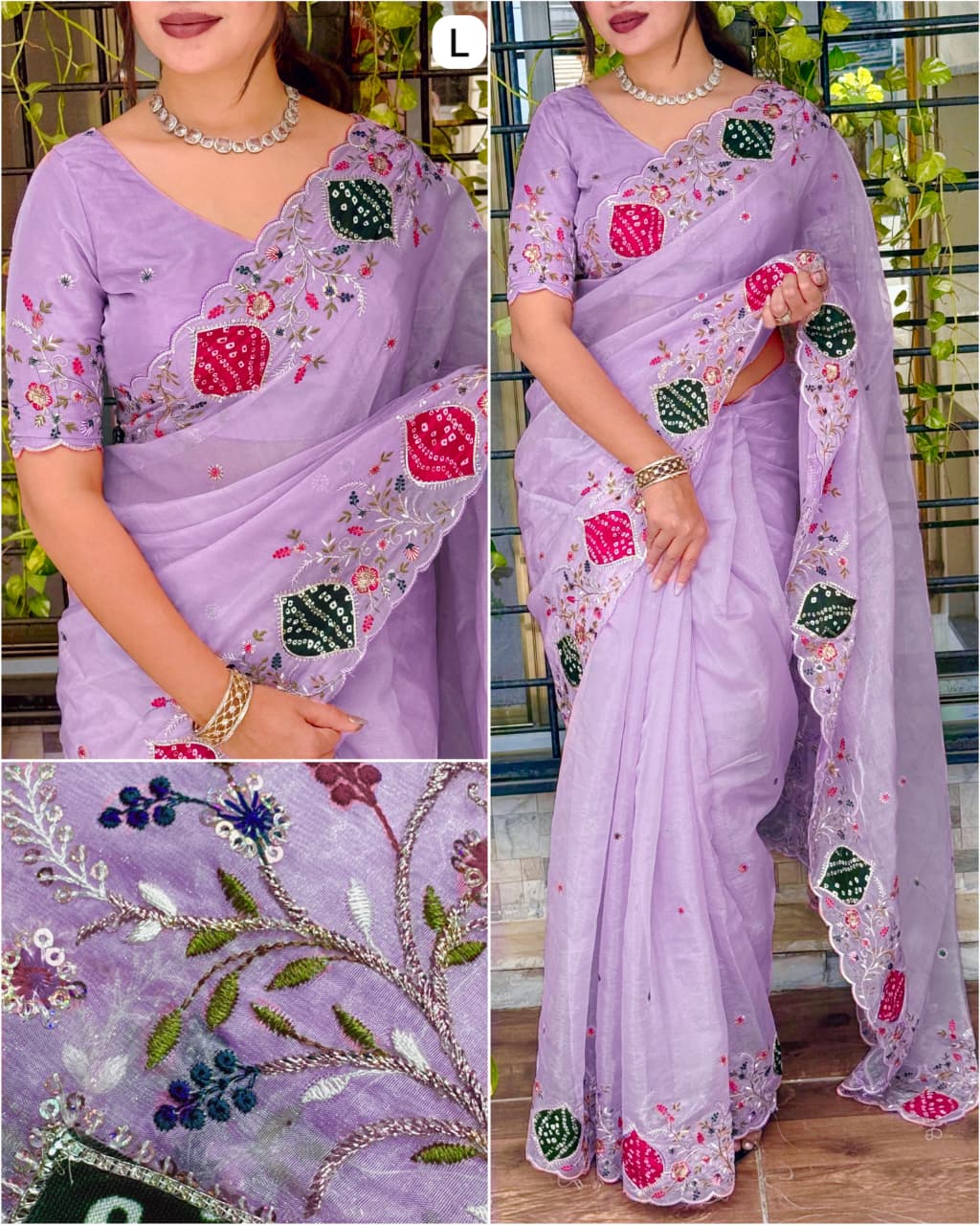 Ghoomar Crystal Tissue Original Hand Applique Work in Full Saree Border With Zari Embroidered Work