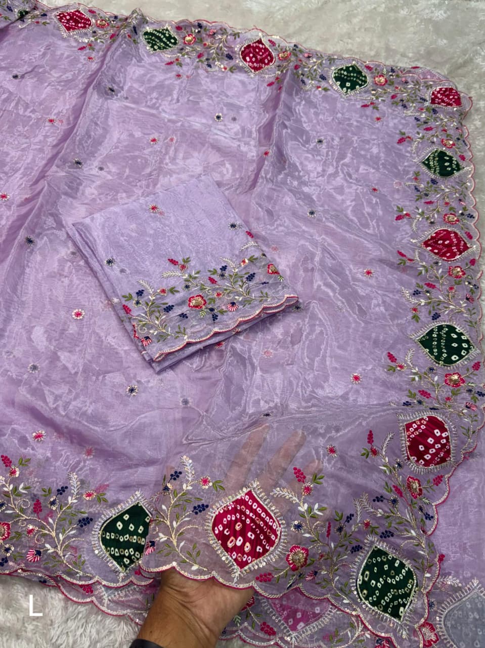 Ghoomar Crystal Tissue Original Hand Applique Work in Full Saree Border With Zari Embroidered Work