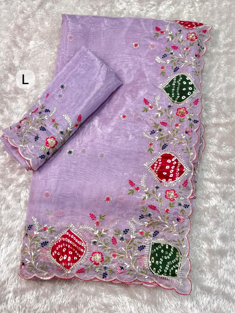 Ghoomar Crystal Tissue Original Hand Applique Work in Full Saree Border With Zari Embroidered Work