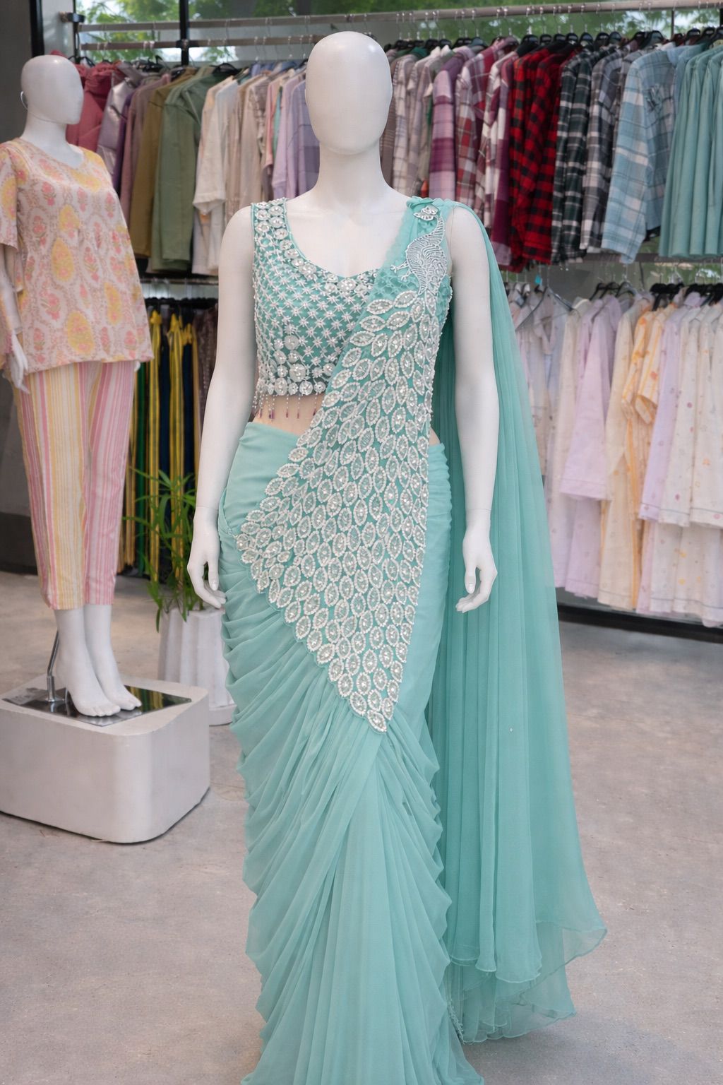 New Super Trending Embroidery Sequence Work Ready To Wear Saree with Embroidery Blouse