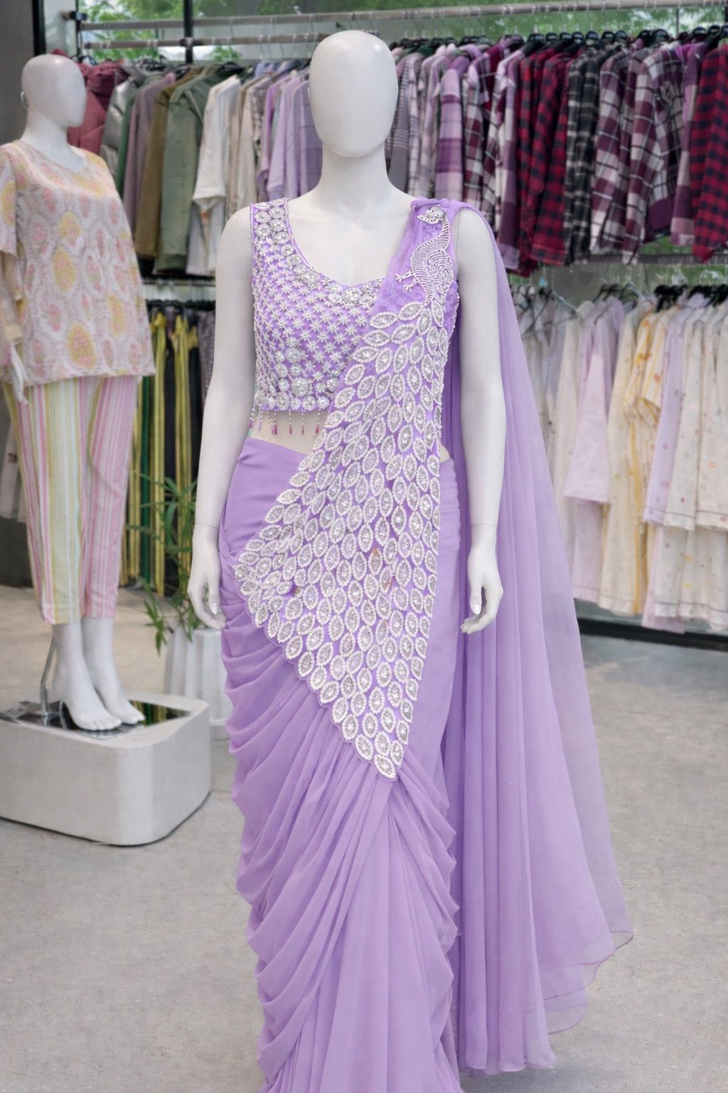 New Super Trending Embroidery Sequence Work Ready To Wear Saree with Embroidery Blouse