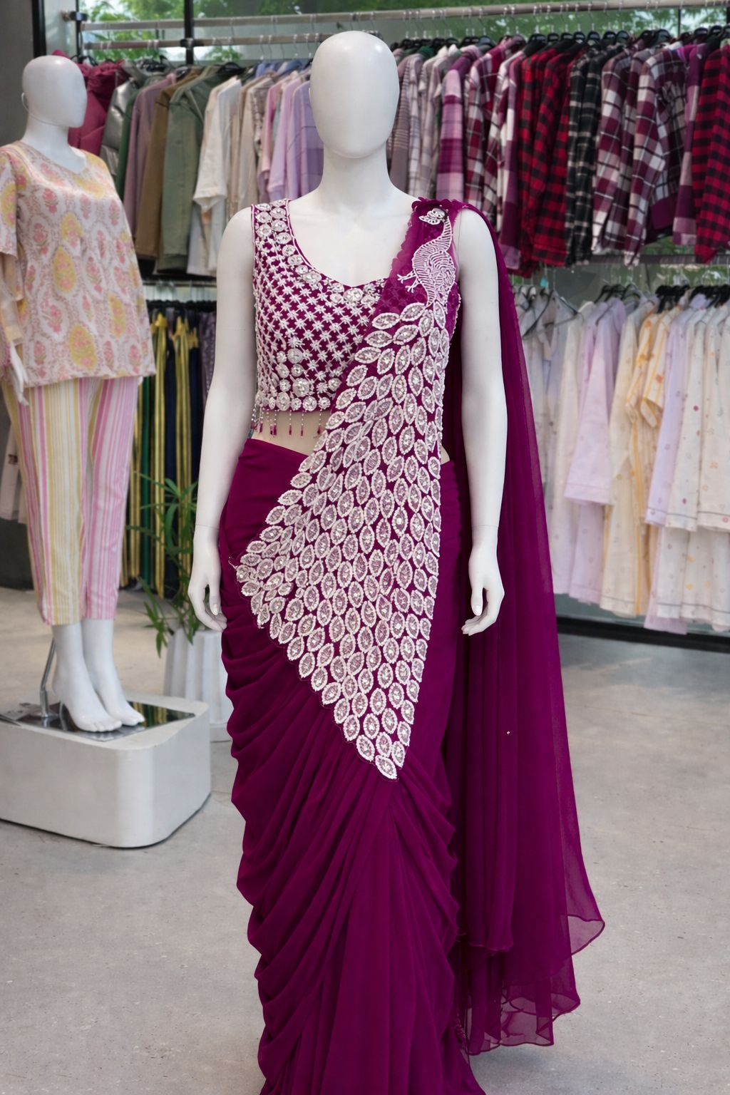 New Super Trending Embroidery Sequence Work Ready To Wear Saree with Embroidery Blouse