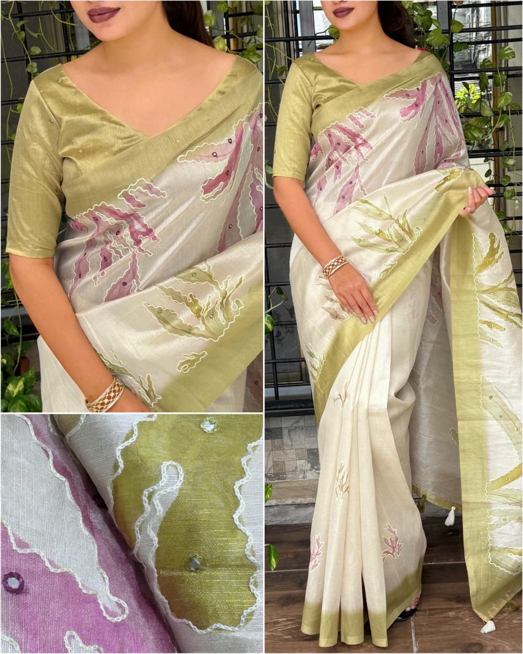 Buy Sambhavi Design With Tusser Linen Digital Position Print Collection With Hand Katha & Mirror Work