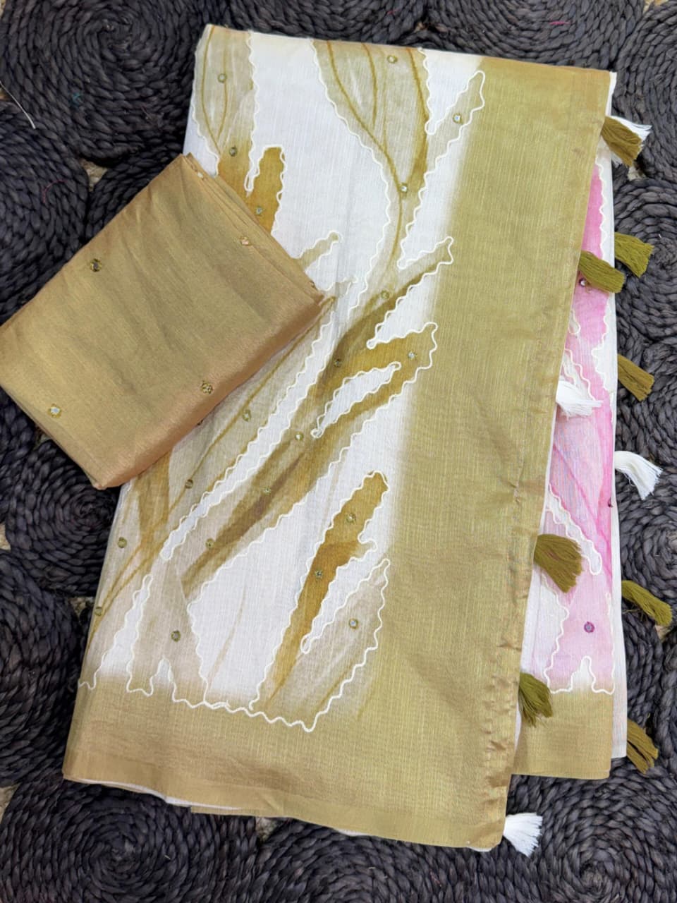 Buy Sambhavi Design With Tusser Linen Digital Position Print Collection With Hand Katha & Mirror Work