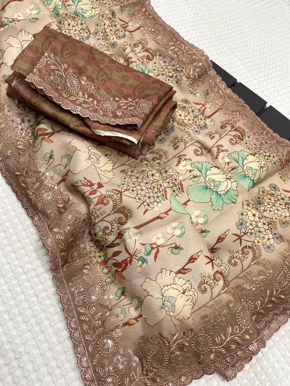 Buy MADHURI Tussar Silk Sarees With Digital Print With Beautiful Embroidery Work All Over The Saree With C-Pallu
