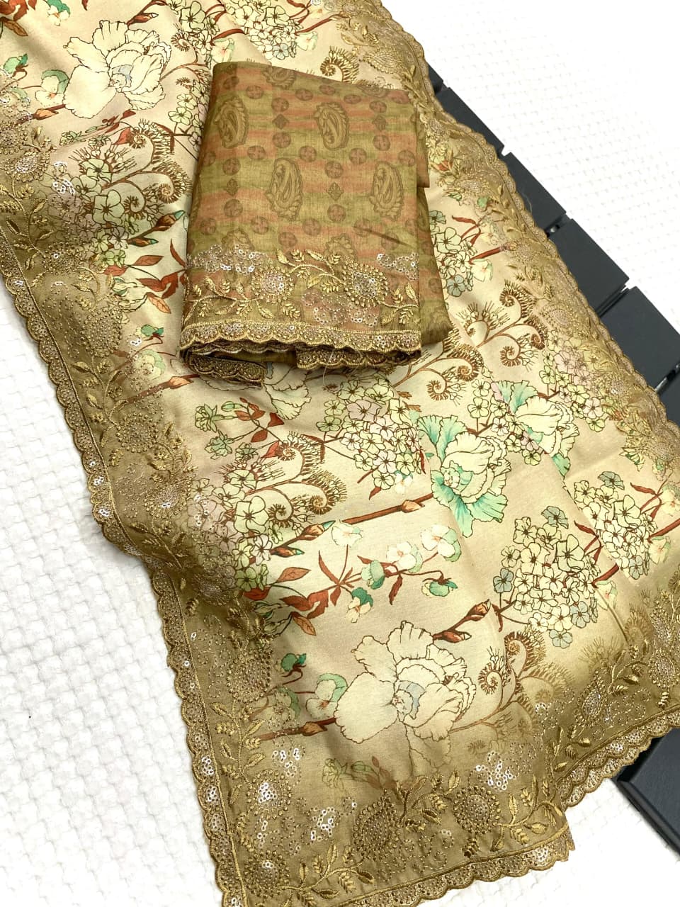 Buy MADHURI Tussar Silk Sarees With Digital Print With Beautiful Embroidery Work All Over The Saree With C-Pallu