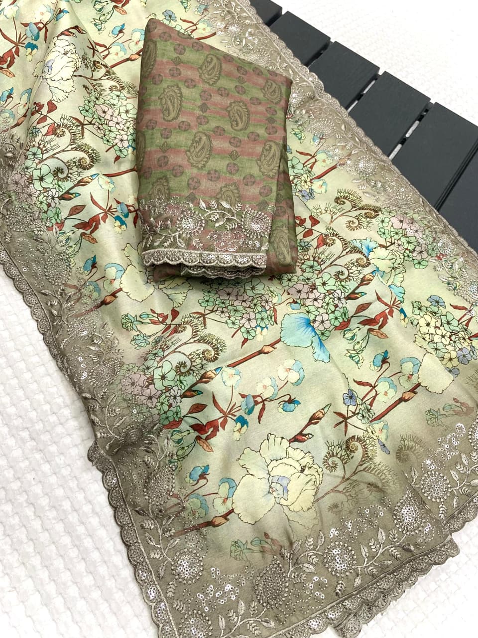 Buy MADHURI Tussar Silk Sarees With Digital Print With Beautiful Embroidery Work All Over The Saree With C-Pallu