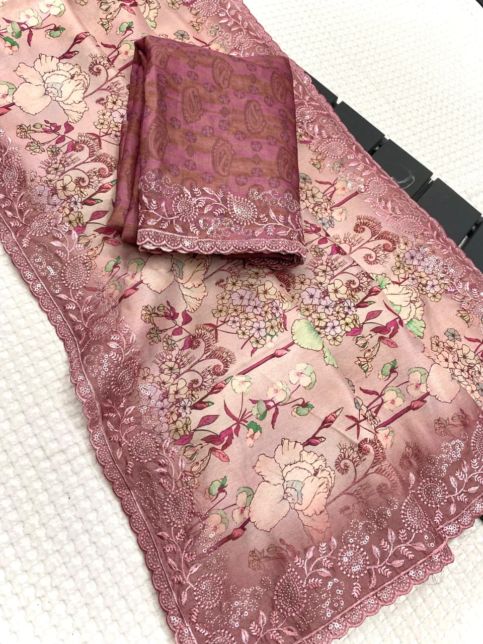 Buy MADHURI Tussar Silk Sarees With Digital Print With Beautiful Embroidery Work All Over The Saree With C-Pallu