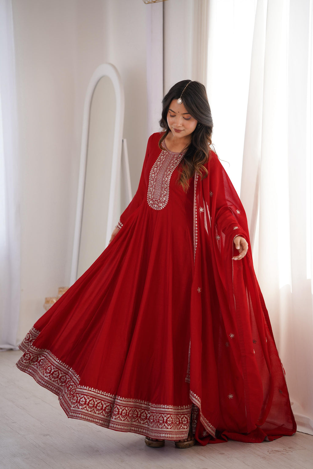HEAVY PURE VICHITRA SILK FABRIC WITH FULL KALI PATTERN ANARKALI