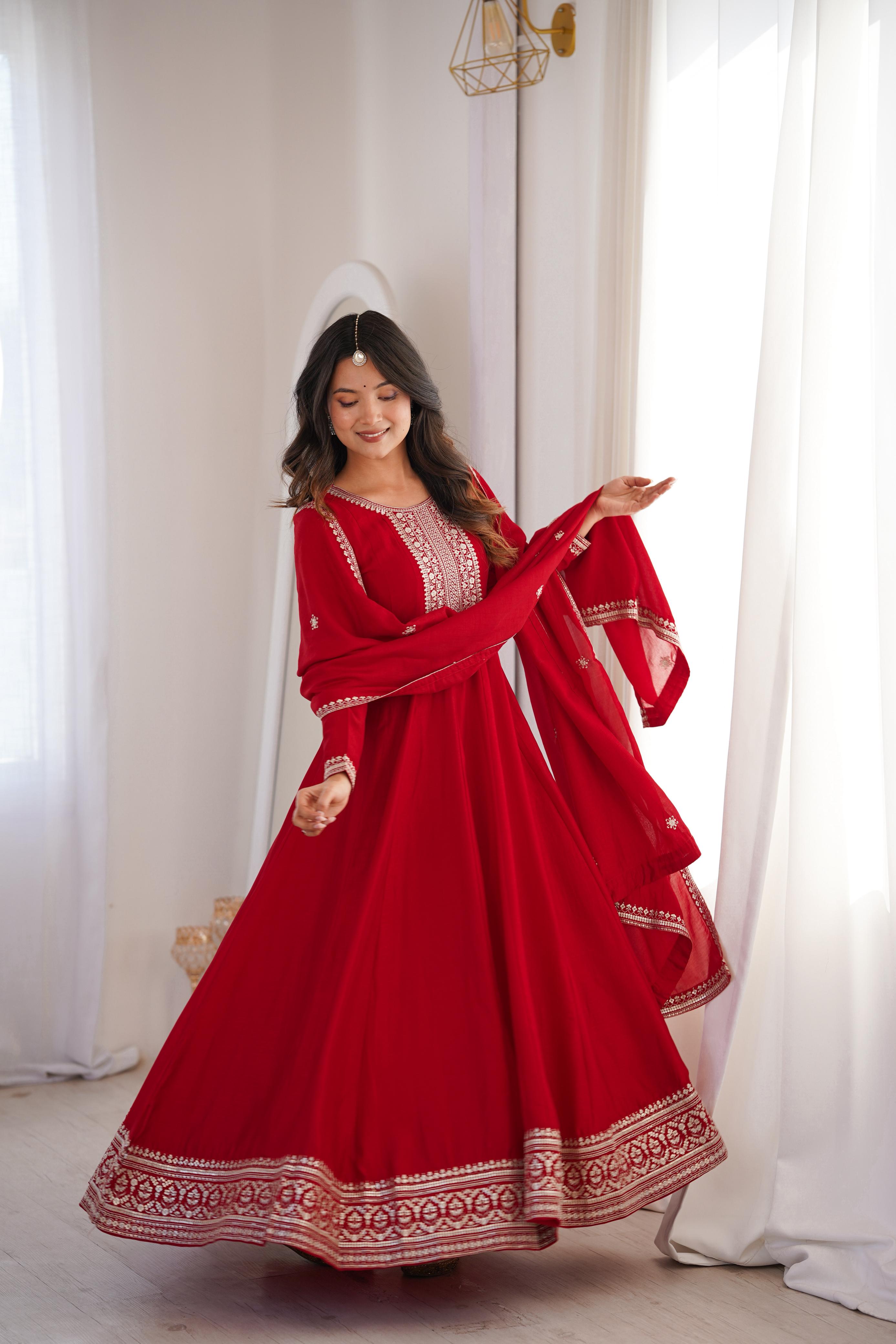 HEAVY PURE VICHITRA SILK FABRIC WITH FULL KALI PATTERN ANARKALI