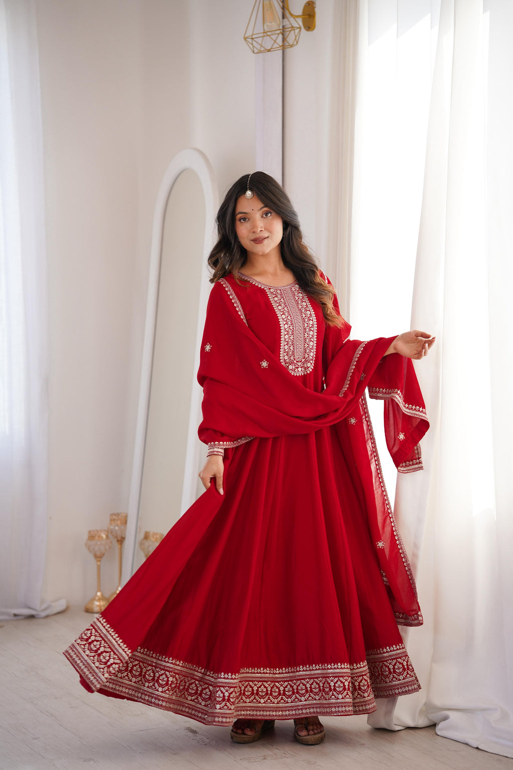 HEAVY PURE VICHITRA SILK FABRIC WITH FULL KALI PATTERN ANARKALI
