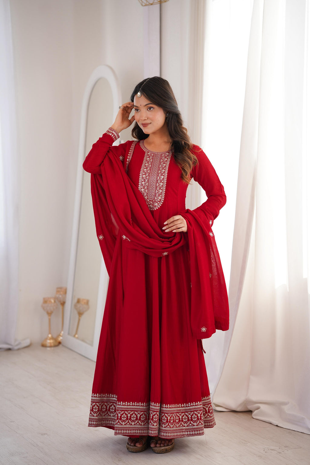 HEAVY PURE VICHITRA SILK FABRIC WITH FULL KALI PATTERN ANARKALI