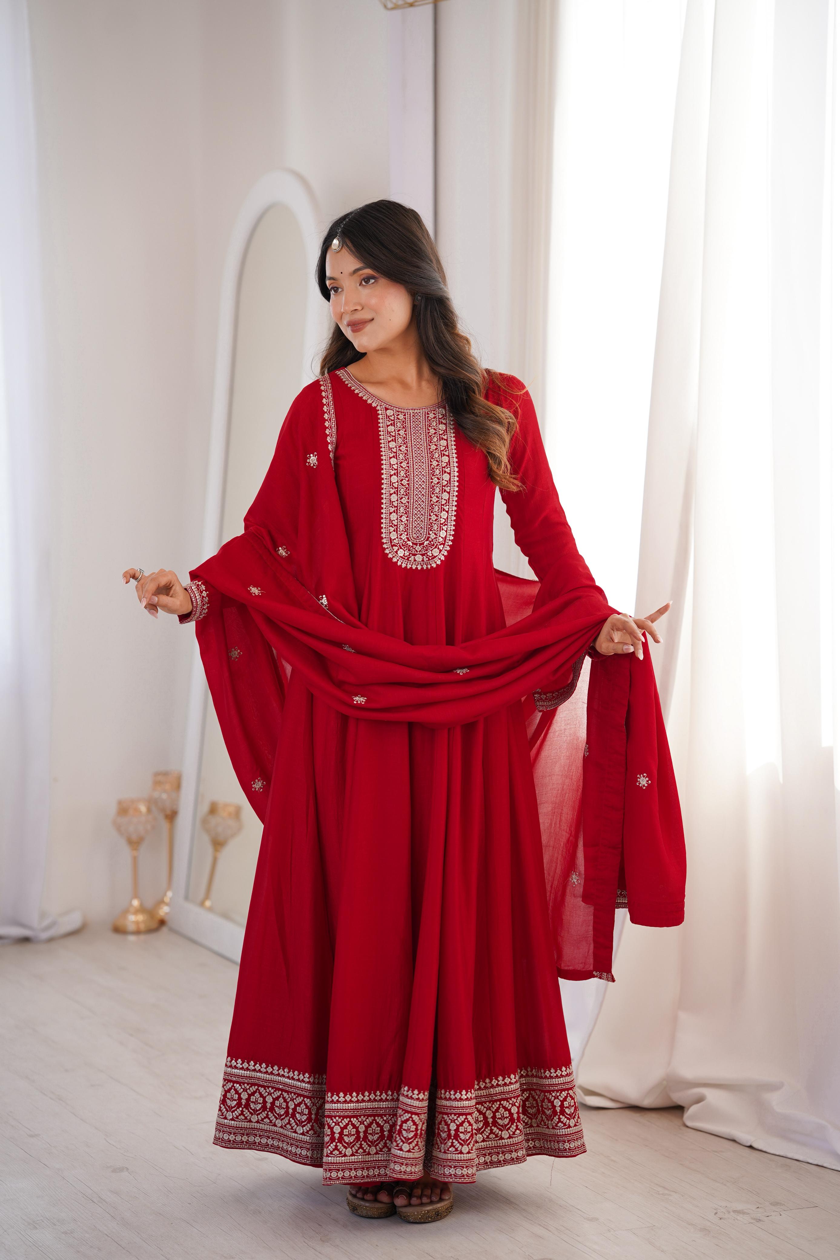 HEAVY PURE VICHITRA SILK FABRIC WITH FULL KALI PATTERN ANARKALI
