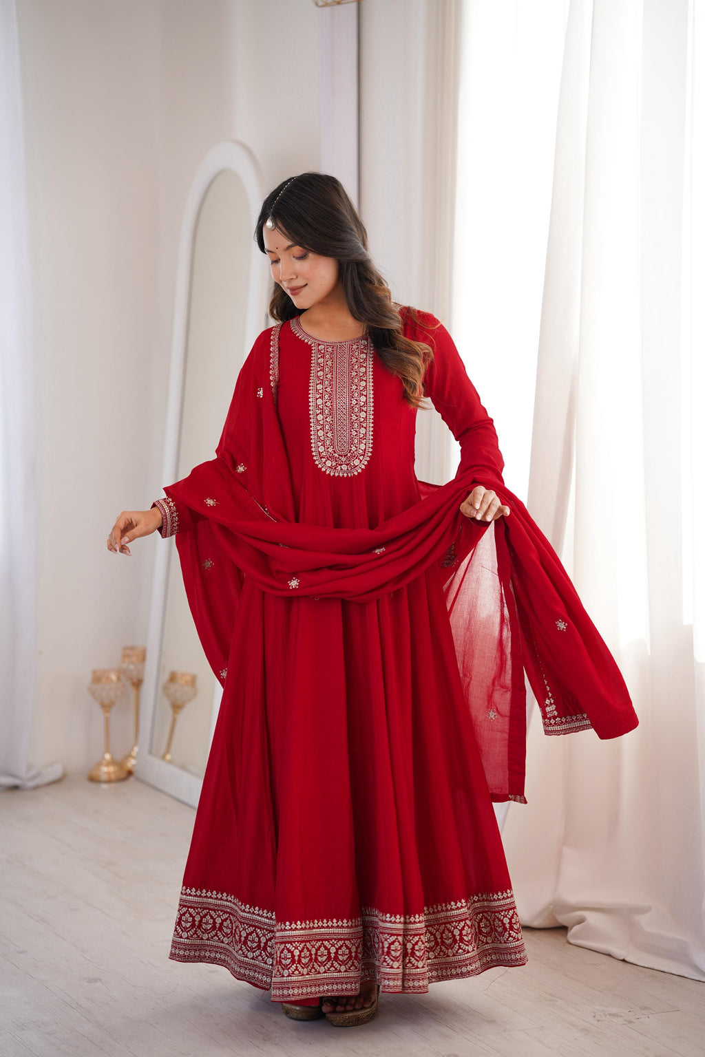 HEAVY PURE VICHITRA SILK FABRIC WITH FULL KALI PATTERN ANARKALI