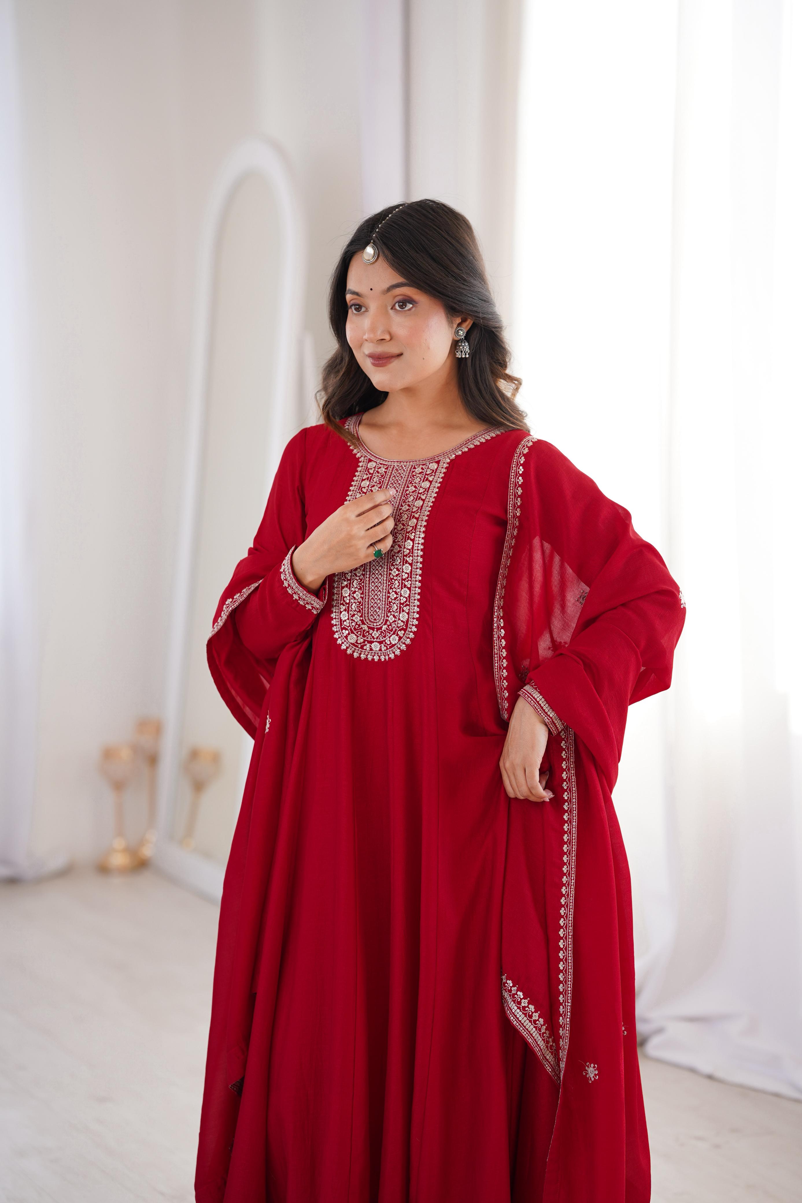 HEAVY PURE VICHITRA SILK FABRIC WITH FULL KALI PATTERN ANARKALI