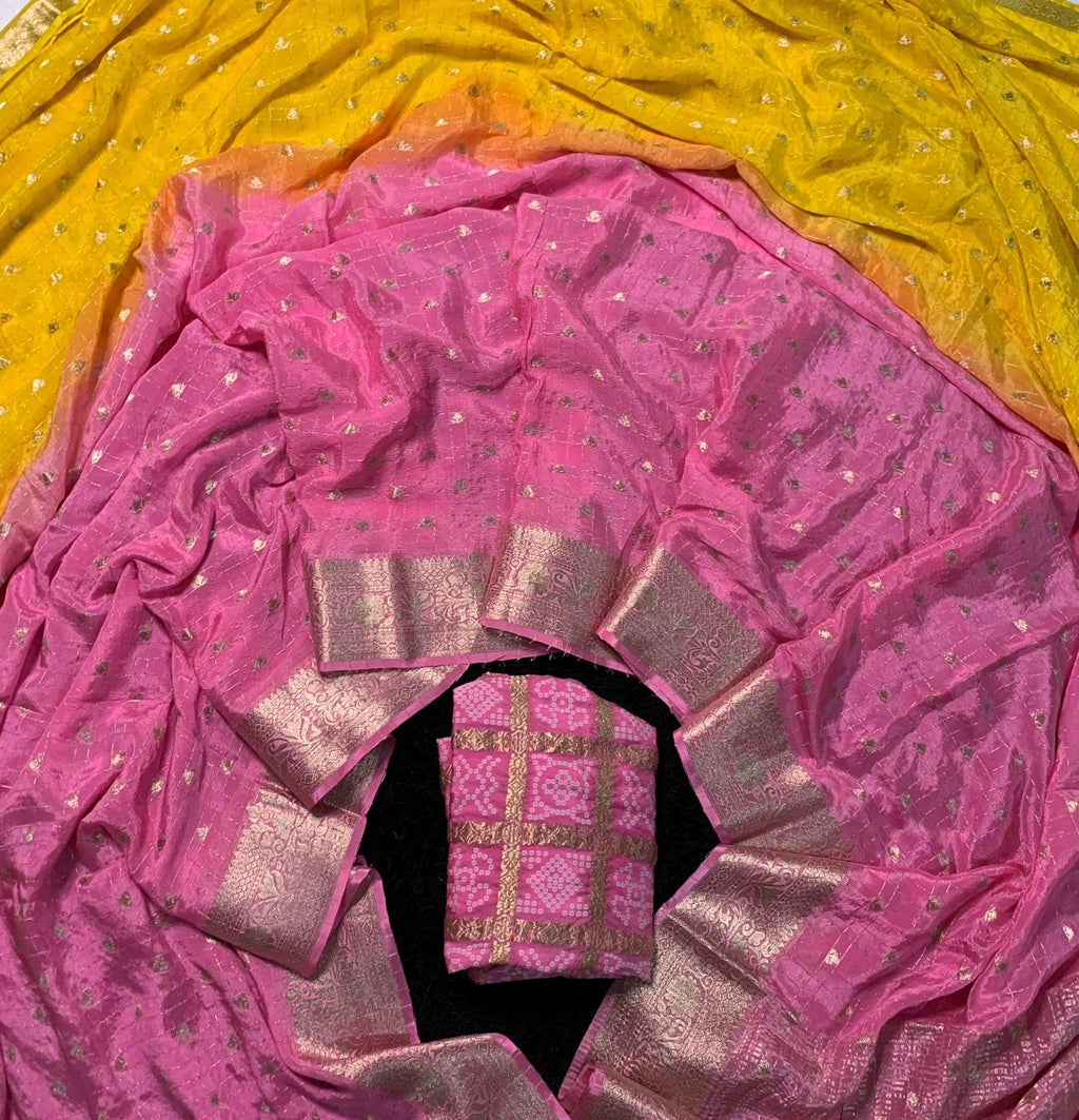 Pure Chinon Pink & Yellow Combination Saree With Dyeing With Pure Chinon Blouse