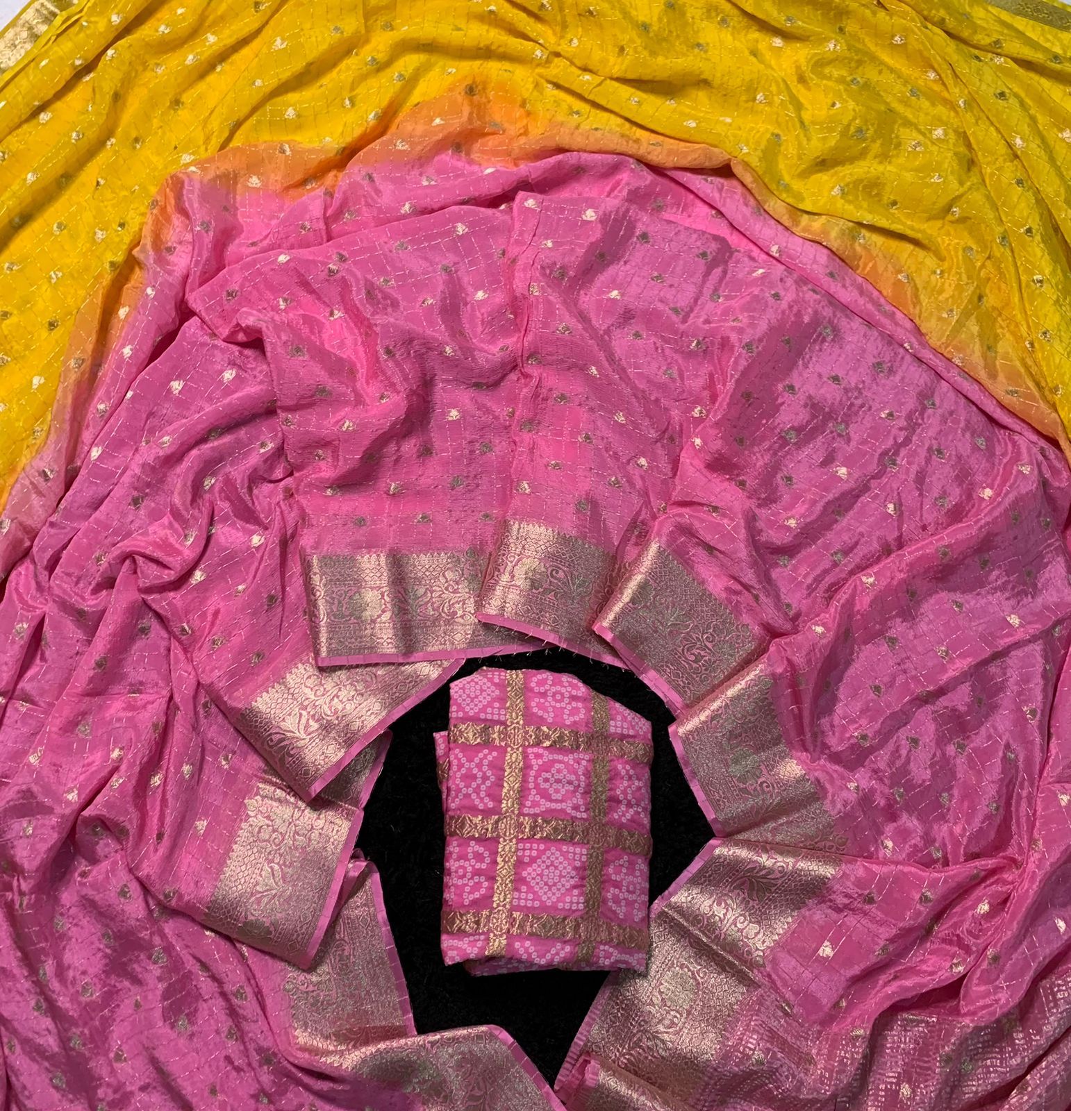 Pure Chinon Pink & Yellow Combination Saree With Dyeing With Pure Chinon Blouse