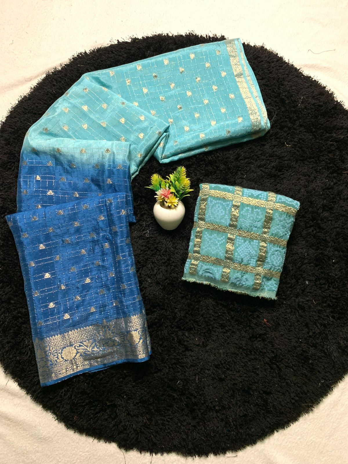 Pure Chinon Sea Blue & Navy Blue Combination Saree With Dyeing With Pure Chinon Blouse