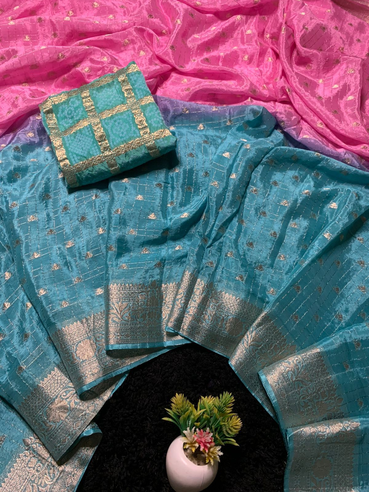 Pure Chinon Pink & Sea Blue Combination Saree With Dyeing With Pure Chinon Blouse