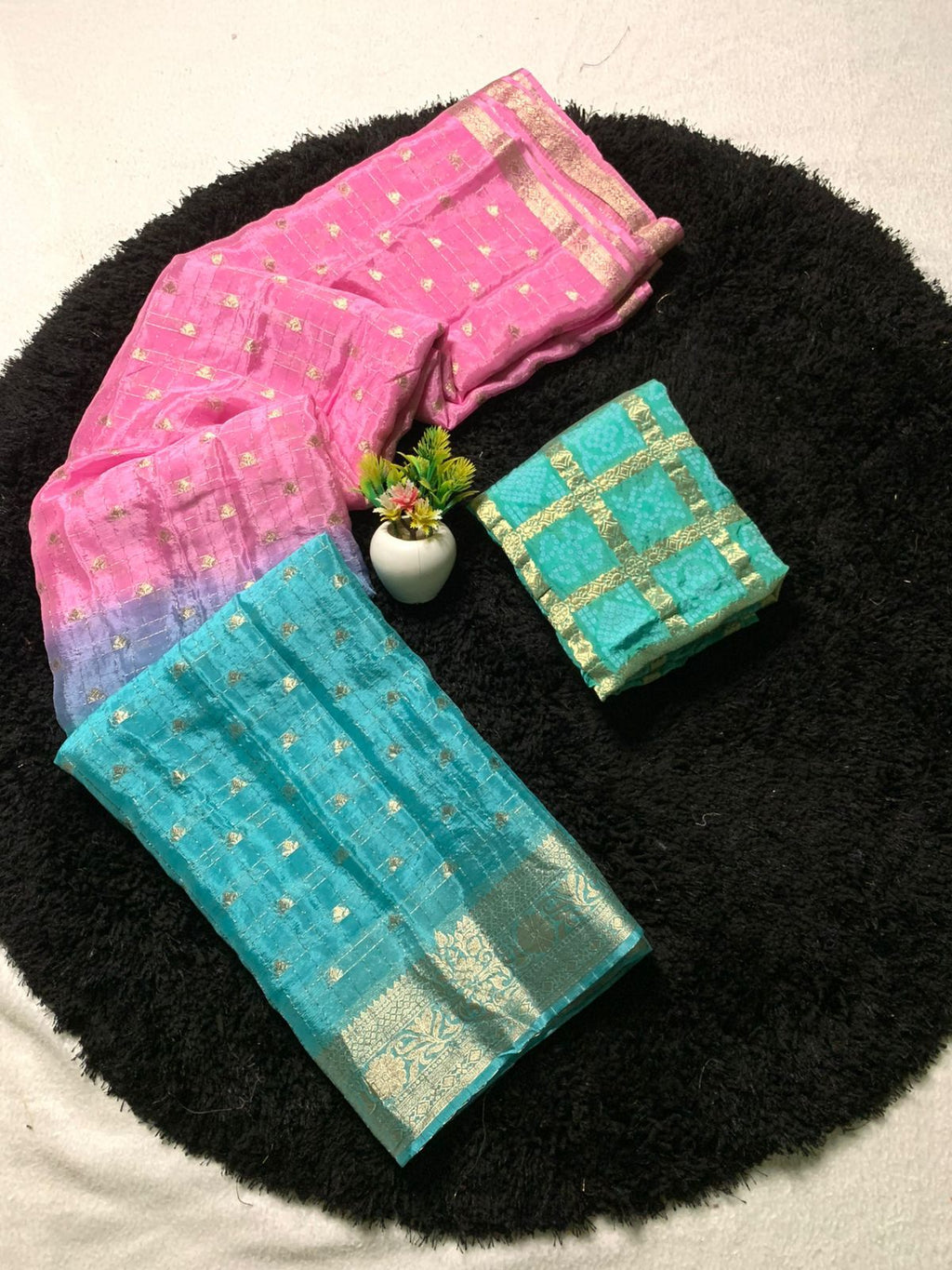 Pure Chinon Pink & Sea Blue Combination Saree With Dyeing With Pure Chinon Blouse