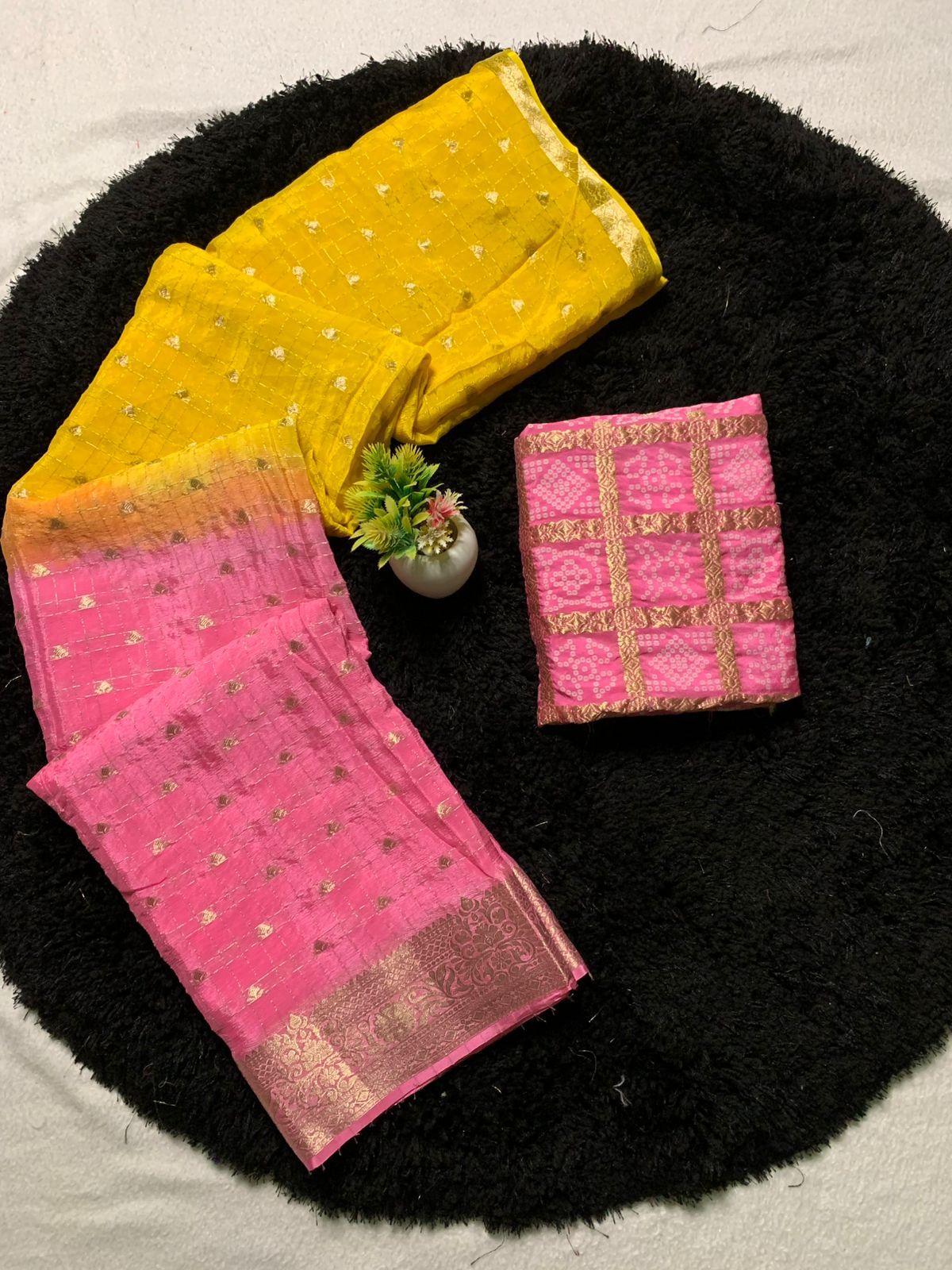 Pure Chinon Pink & Yellow Combination Saree With Dyeing With Pure Chinon Blouse