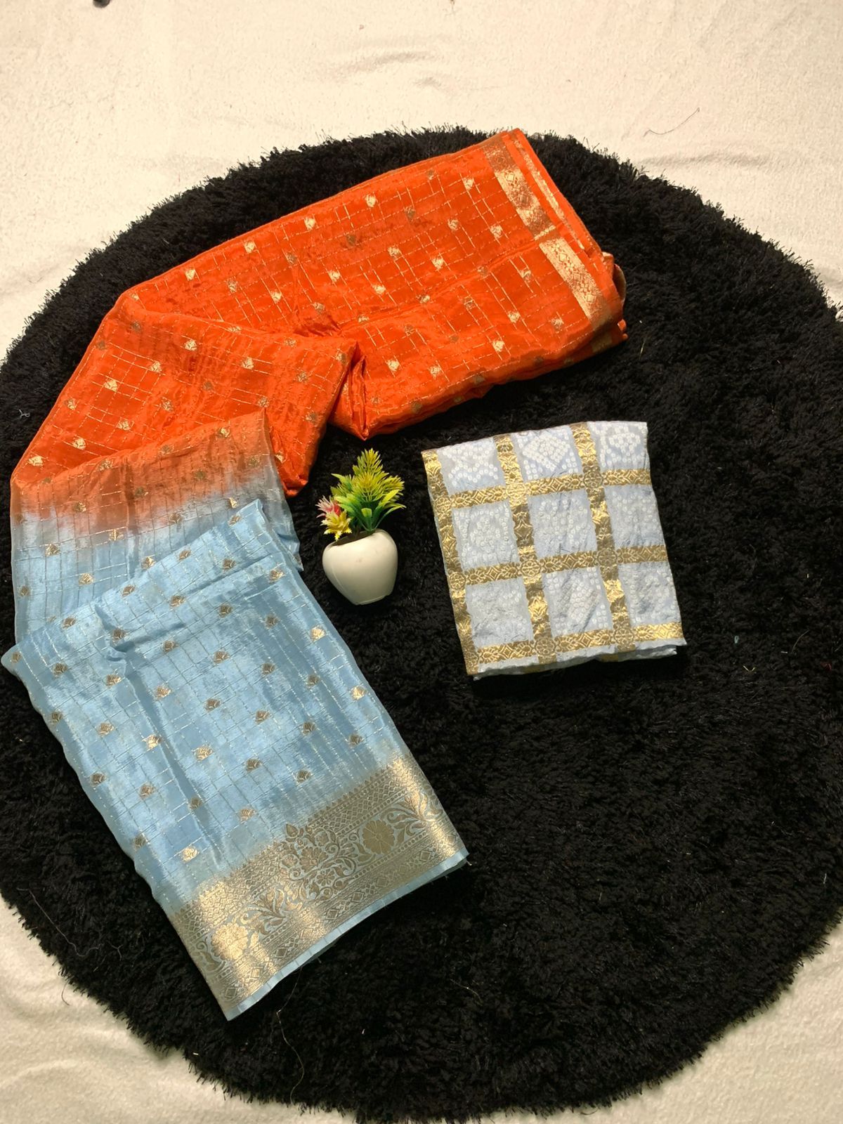 Pure Chinon Orange & Sky Blue Combination Saree With Dyeing With Pure Chinon Blouse