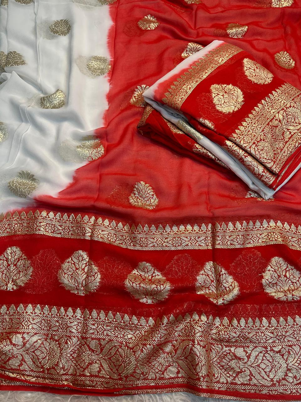 White Viscose Georgette Saree with Rich Red Pallu & Contrast Blouse