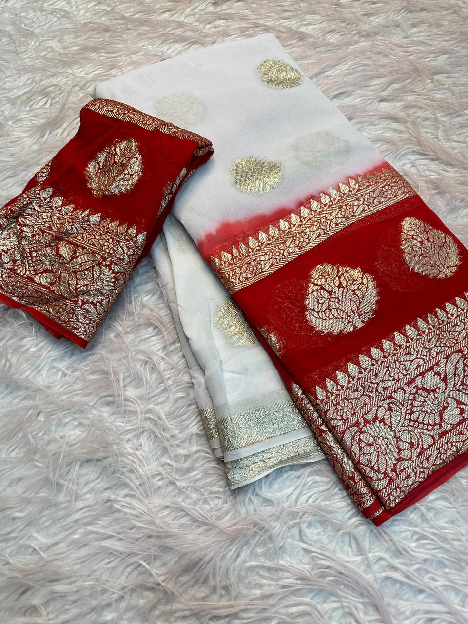White Viscose Georgette Saree with Rich Red Pallu & Contrast Blouse
