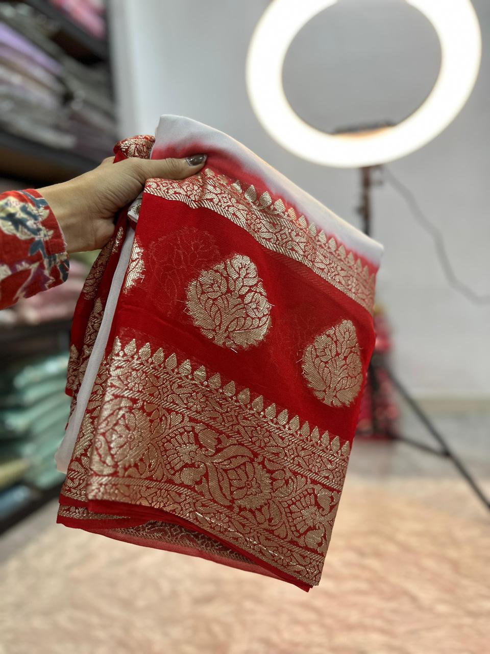White Viscose Georgette Saree with Rich Red Pallu & Contrast Blouse