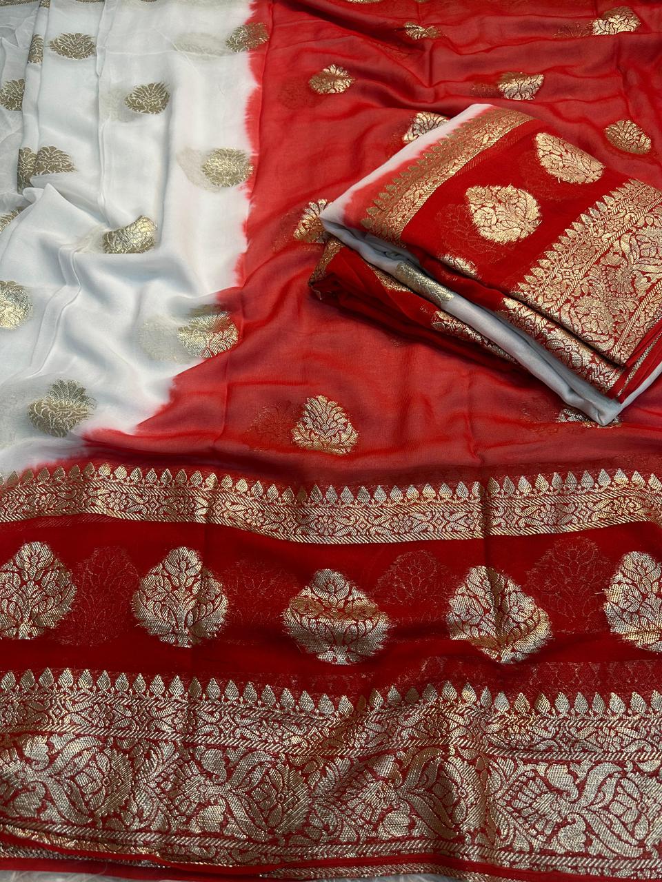 White Viscose Georgette Saree with Rich Red Pallu & Contrast Blouse