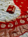 White Viscose Georgette Saree with Rich Red Pallu & Contrast Blouse