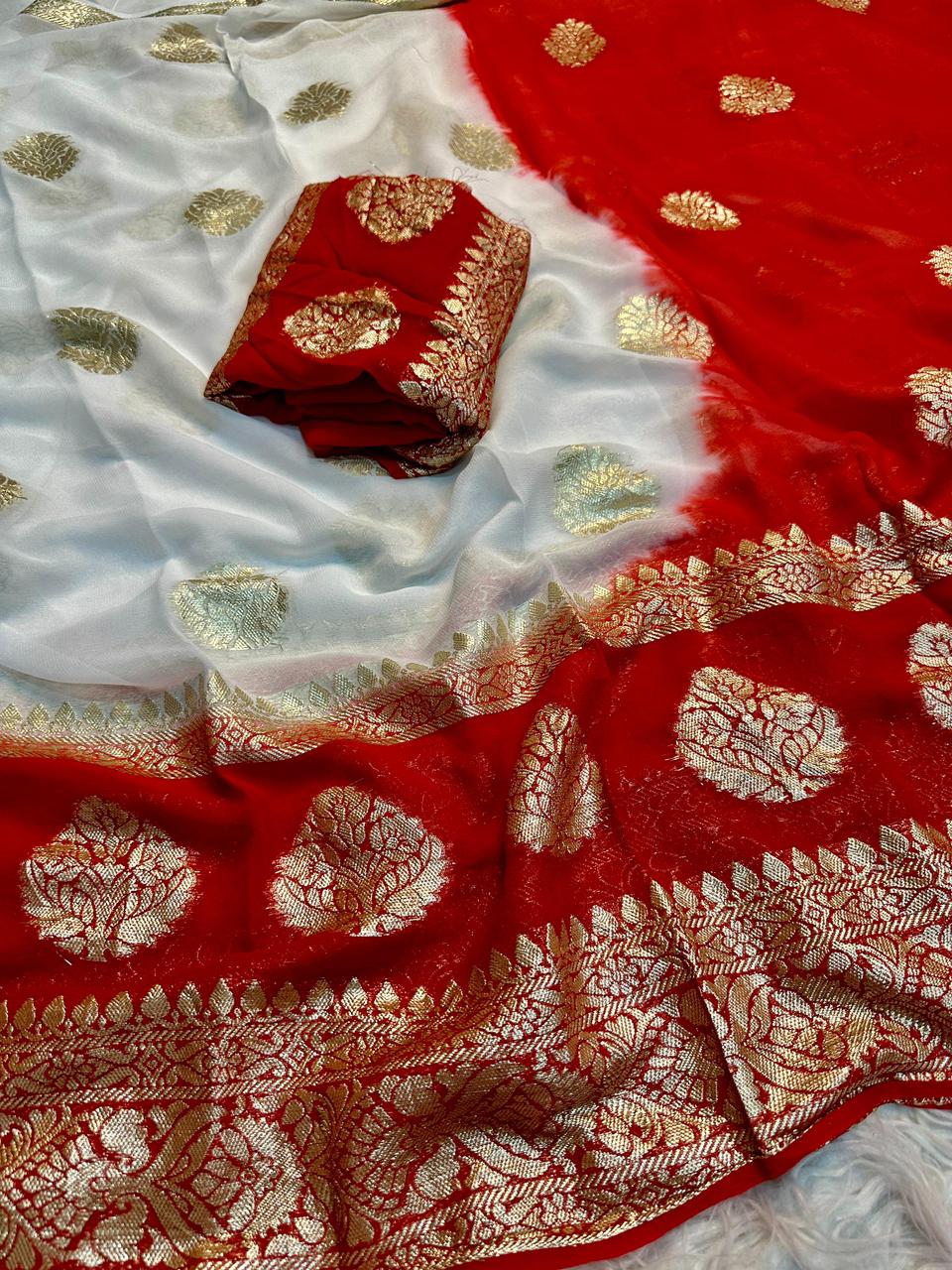 White Viscose Georgette Saree with Rich Red Pallu & Contrast Blouse