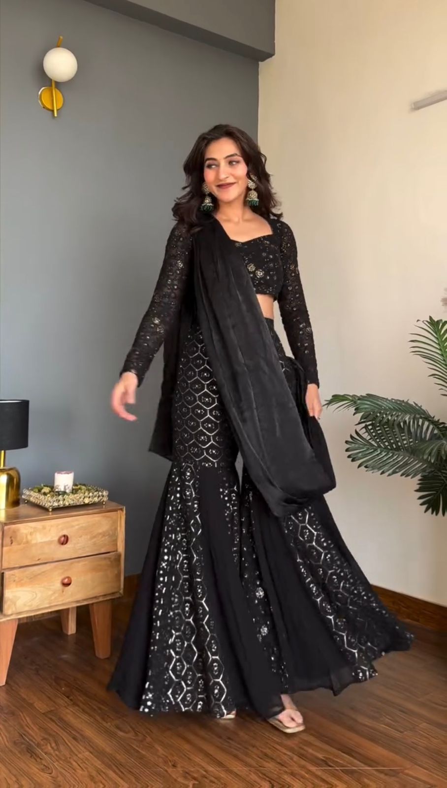 Midnight Foux Gorgette Elegance Sequin Embroidered Sharara Choli; (For Size Details See Description)