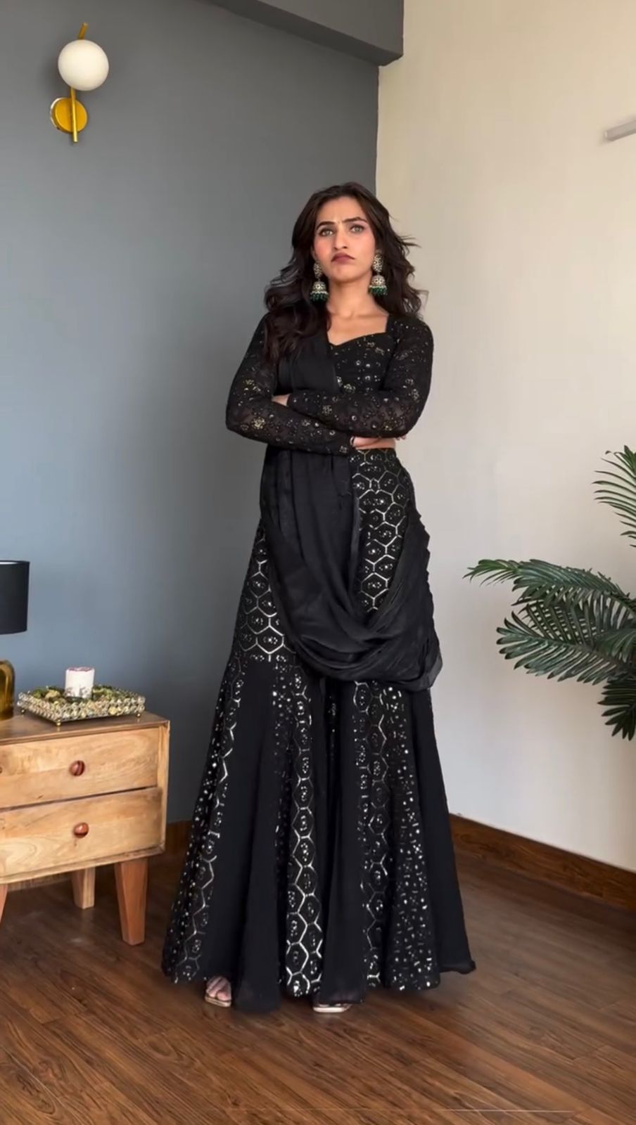 Midnight Foux Gorgette Elegance Sequin Embroidered Sharara Choli; (For Size Details See Description)