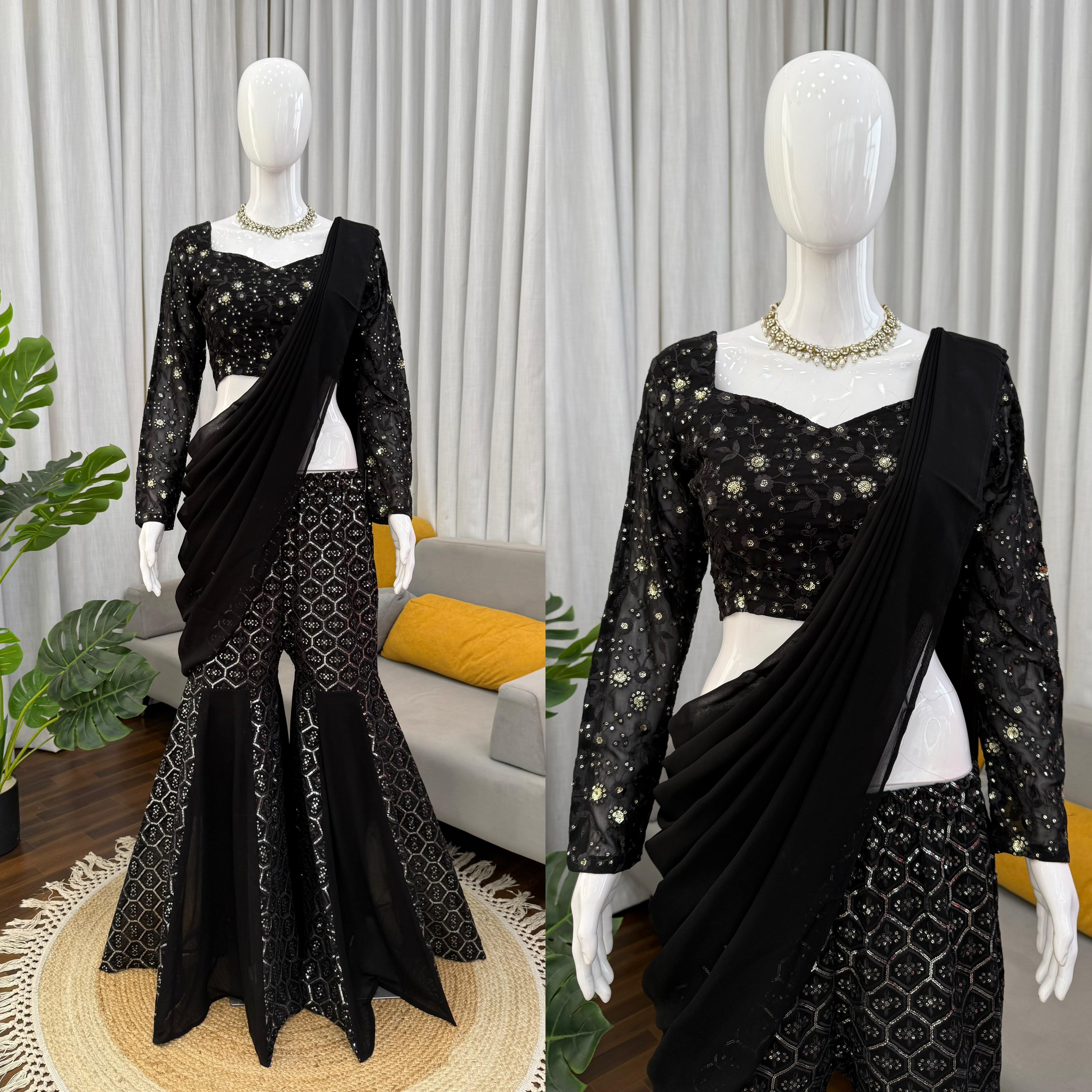 Midnight Foux Gorgette Elegance Sequin Embroidered Sharara Choli; (For Size Details See Description)