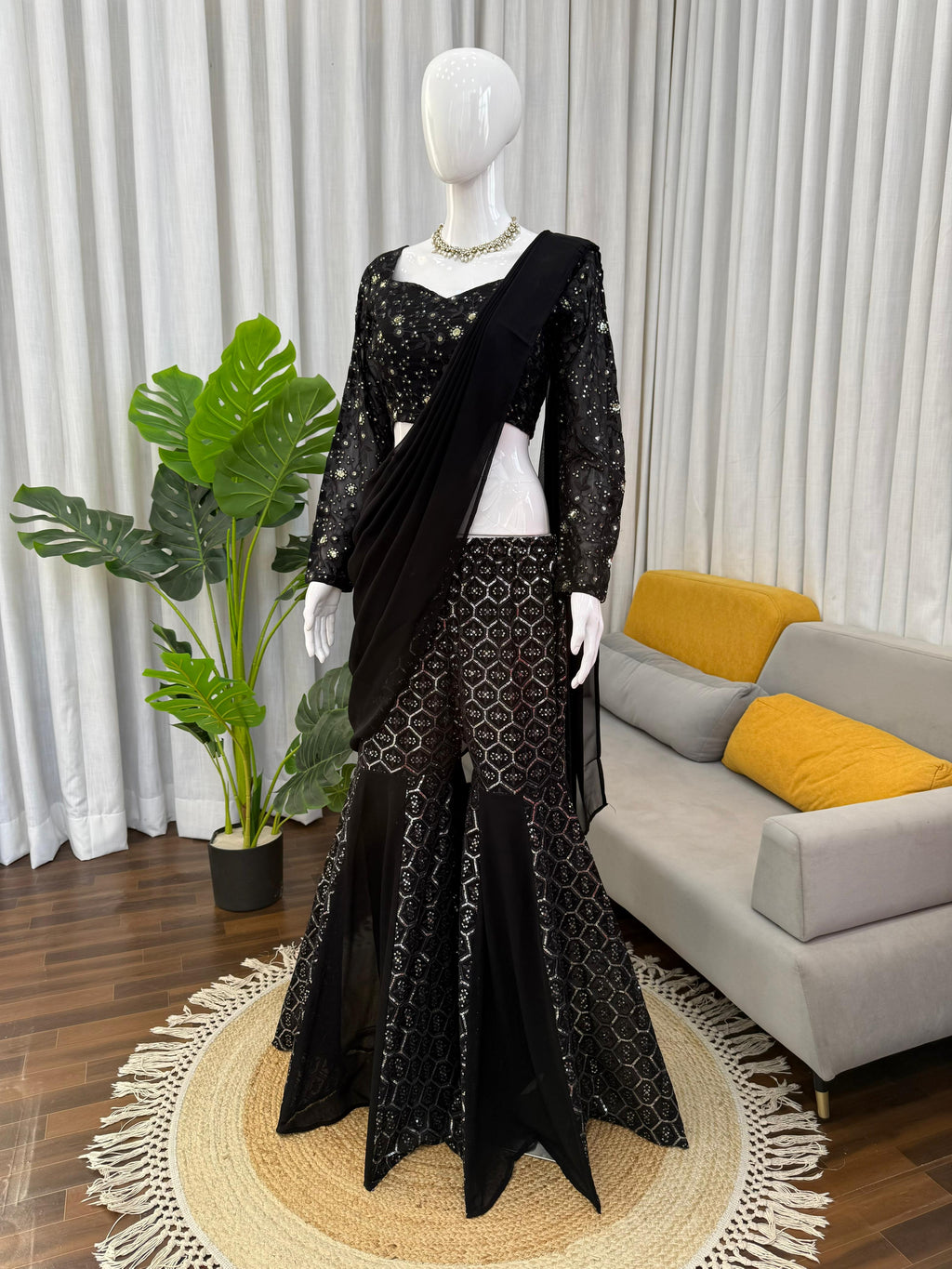 Midnight Foux Gorgette Elegance Sequin Embroidered Sharara Choli; (For Size Details See Description)