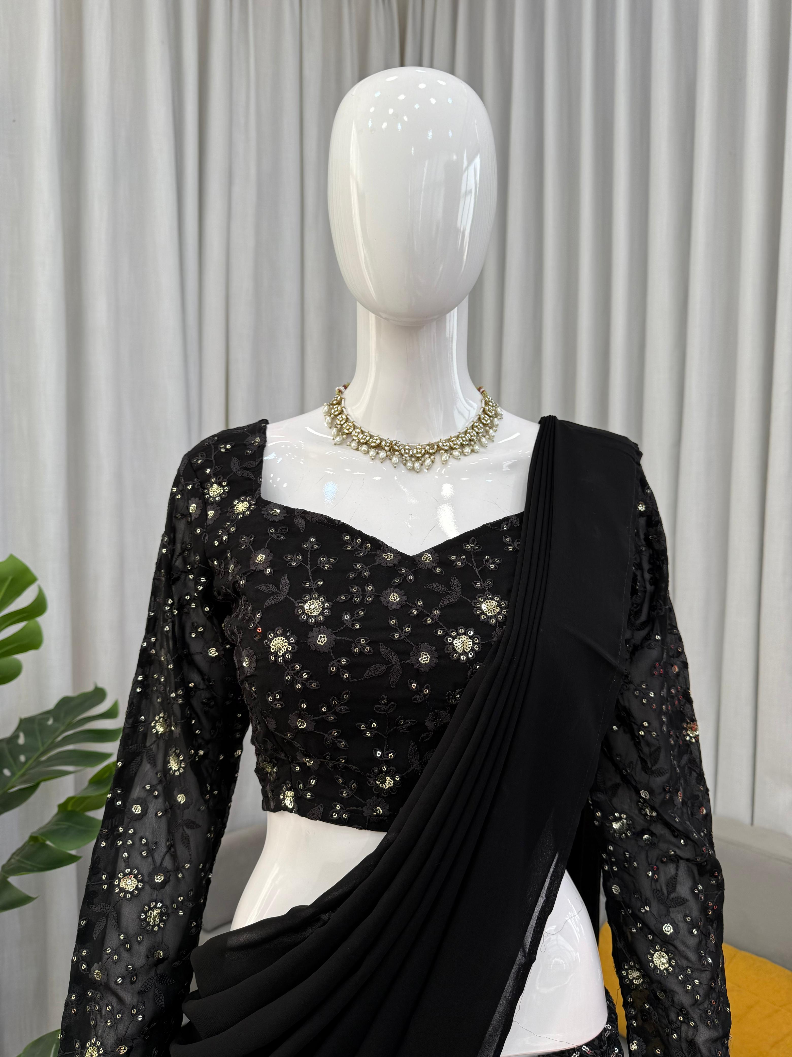 Midnight Foux Gorgette Elegance Sequin Embroidered Sharara Choli; (For Size Details See Description)