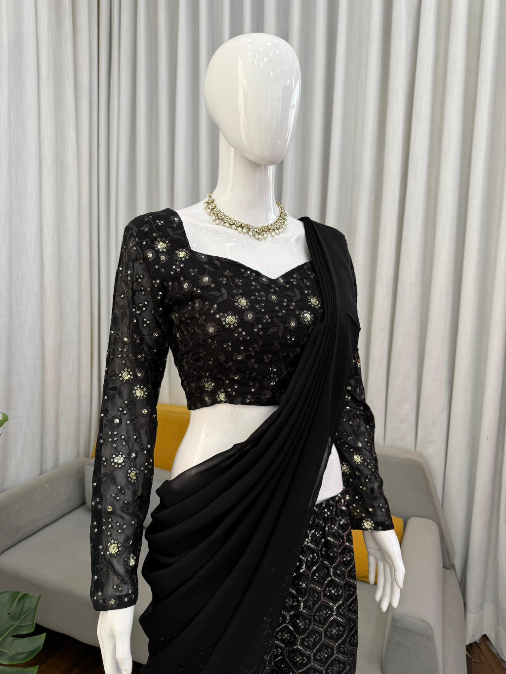 Midnight Foux Gorgette Elegance Sequin Embroidered Sharara Choli; (For Size Details See Description)