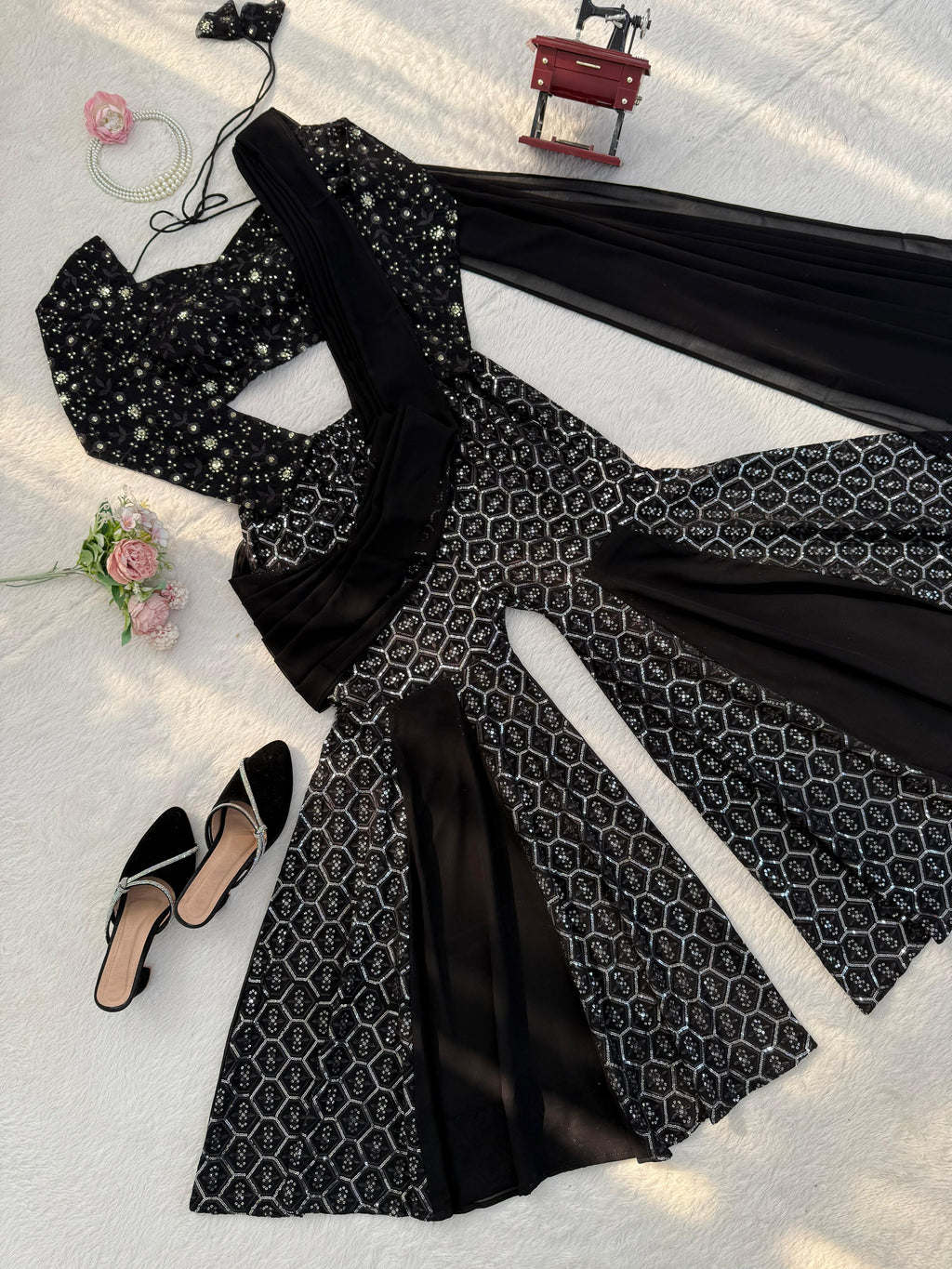 Midnight Foux Gorgette Elegance Sequin Embroidered Sharara Choli; (For Size Details See Description)