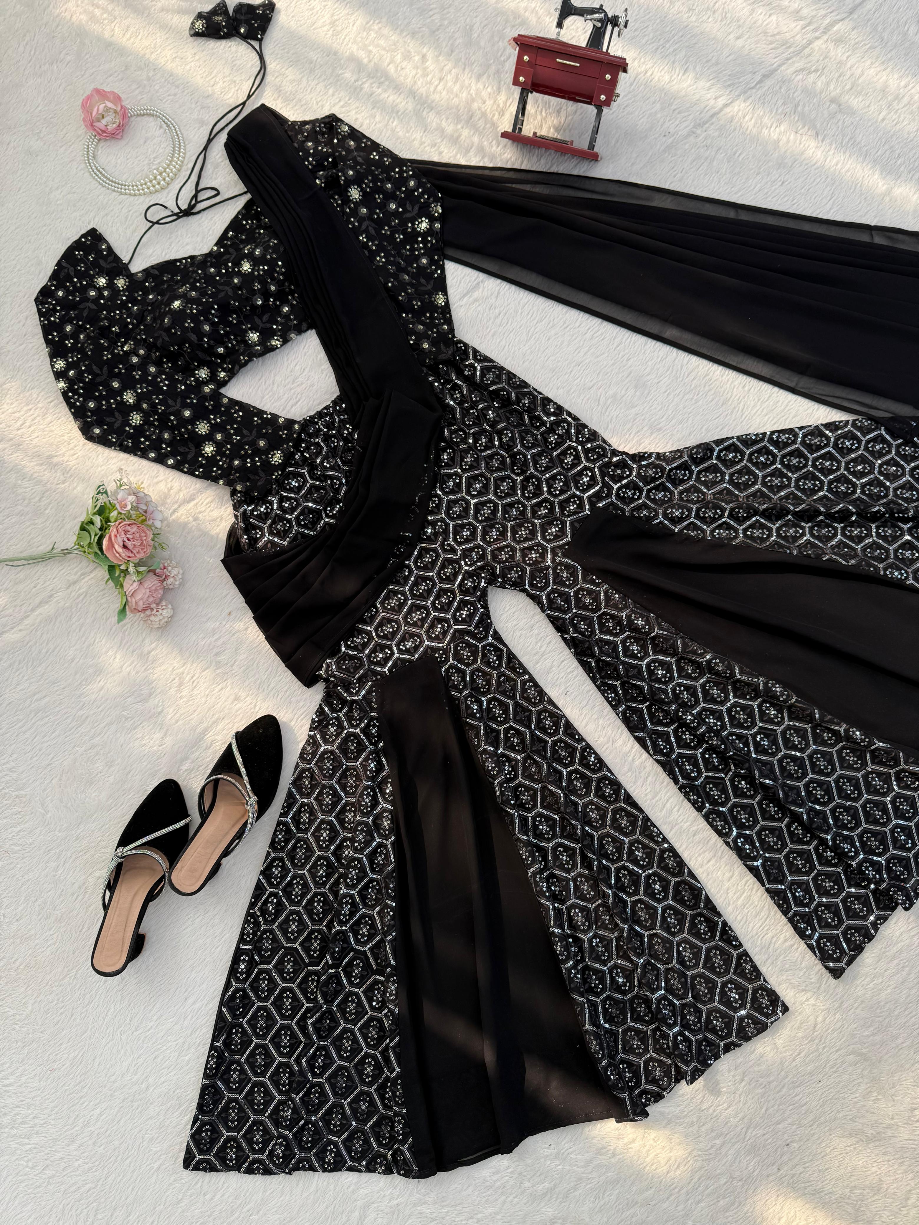 Midnight Foux Gorgette Elegance Sequin Embroidered Sharara Choli; (For Size Details See Description)